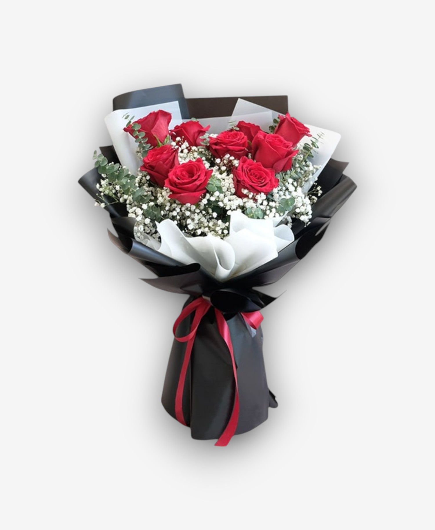 Siyah Ambalajda 9 lu Kırmızı Gül ve Cipso Aranjmanı