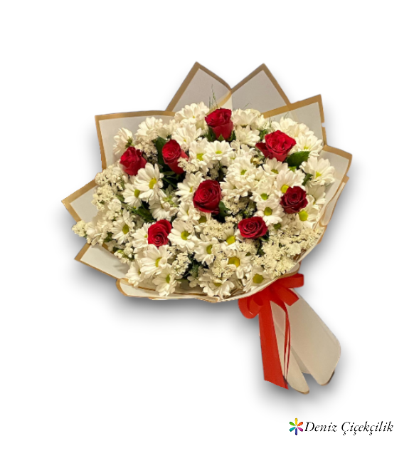 Kırmızı Güllü Beyaz Papatya Buketi  Zarif ve Anlamlı Aranjman